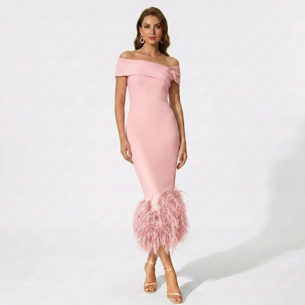 Women’s Off Shoulder Midi Dress – Feather Hem Sheath