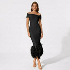 Women’s Off Shoulder Midi Dress – Feather Hem Sheath