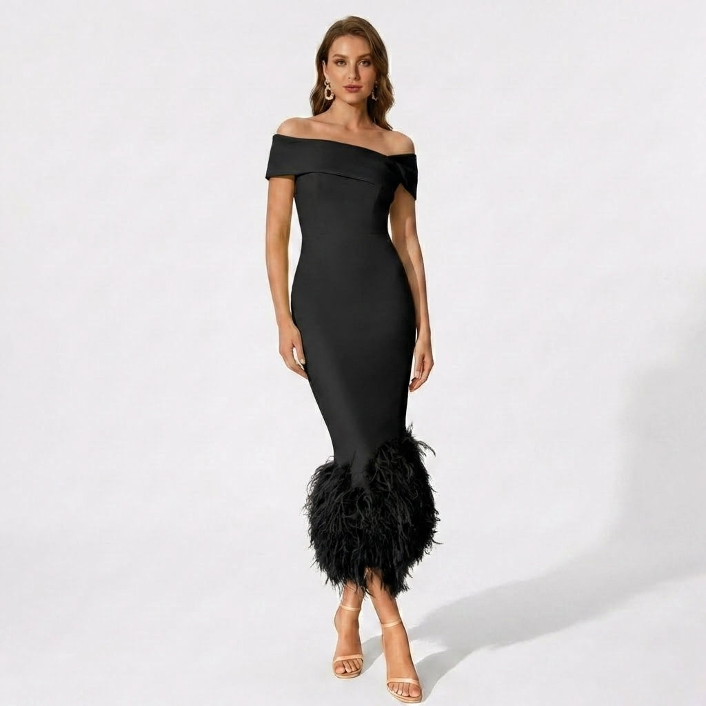 Women’s Off Shoulder Midi Dress – Feather Hem Sheath