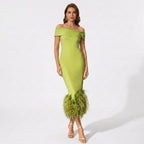 Women’s Off Shoulder Midi Dress – Feather Hem Sheath