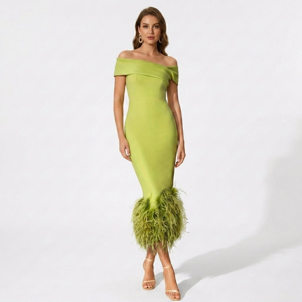 Women’s Off Shoulder Midi Dress – Feather Hem Sheath
