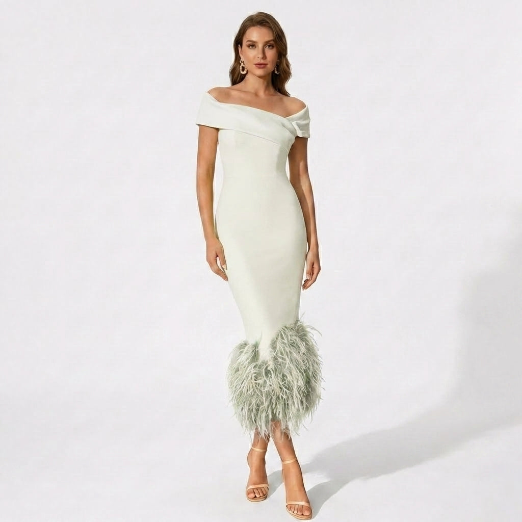 Women’s Off Shoulder Midi Dress – Feather Hem Sheath