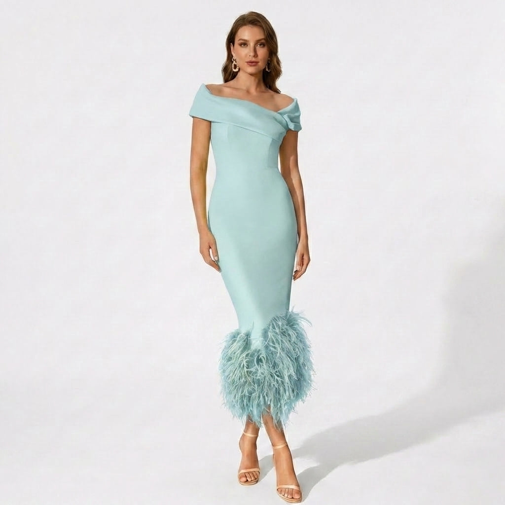 Women’s Off Shoulder Midi Dress – Feather Hem Sheath
