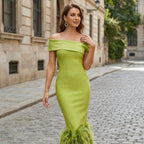 Women’s Off Shoulder Midi Dress – Feather Hem Sheath