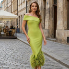 Women’s Off Shoulder Midi Dress – Feather Hem Sheath