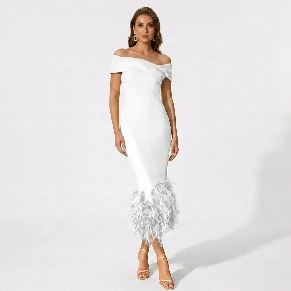 Women’s Off Shoulder Midi Dress – Feather Hem Sheath
