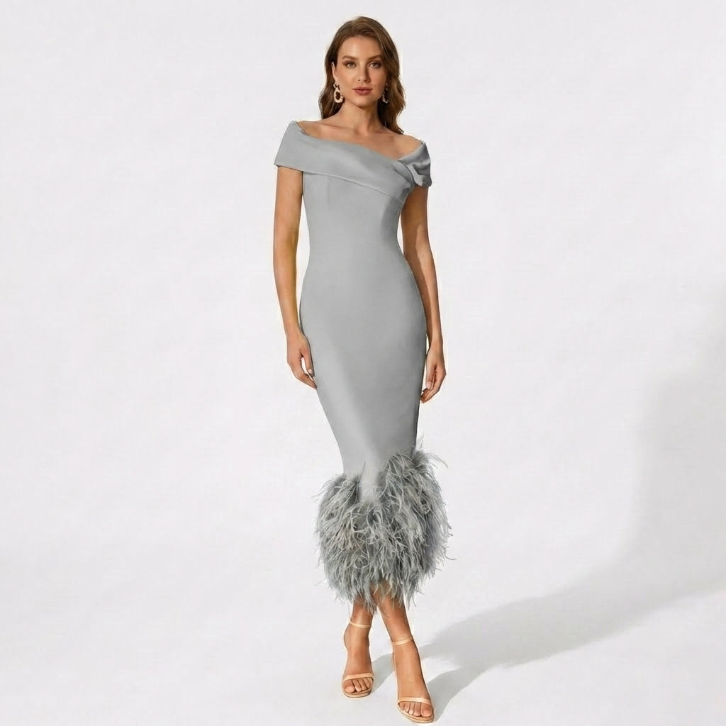 Women’s Off Shoulder Midi Dress – Feather Hem Sheath