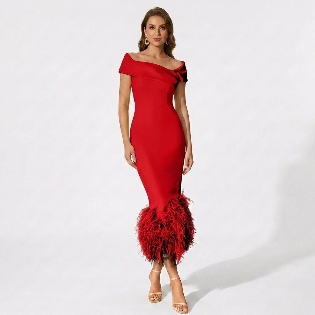 Women’s Off Shoulder Midi Dress – Feather Hem Sheath