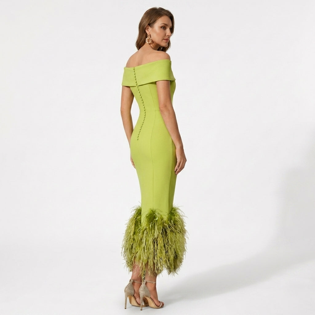 Women’s Off Shoulder Midi Dress – Feather Hem Sheath