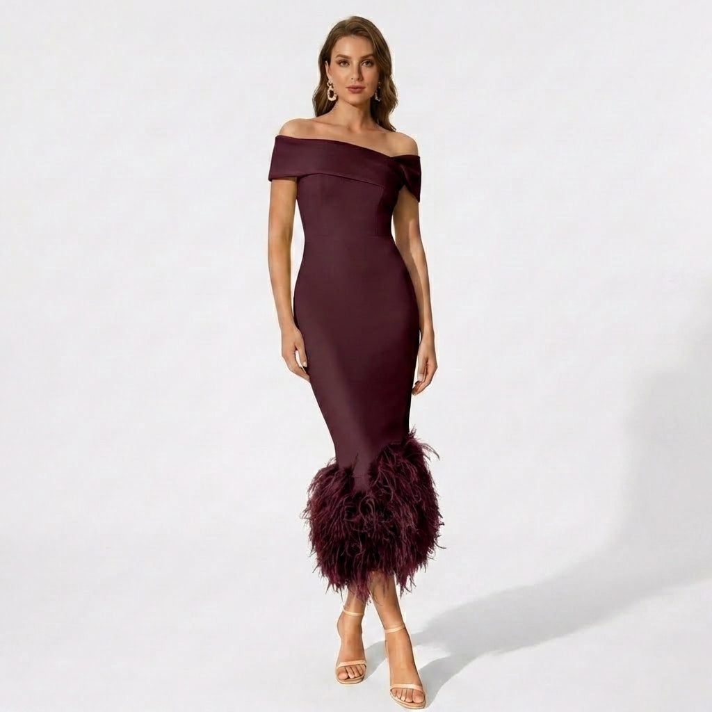 Women’s Off Shoulder Midi Dress – Feather Hem Sheath