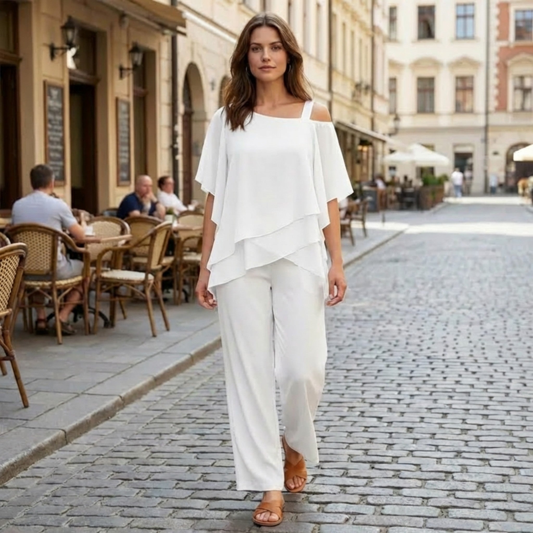 Women’s Off Shoulder Two Piece Set – Ruffle Top and Pants