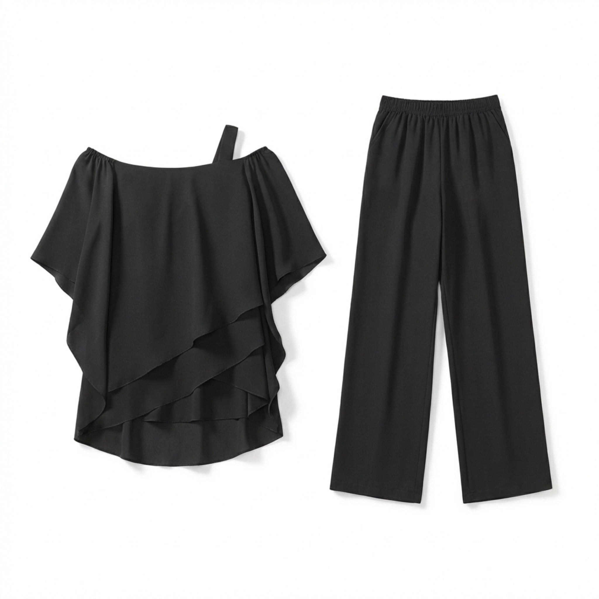 Women’s Off Shoulder Two Piece Set – Ruffle Top and Pants