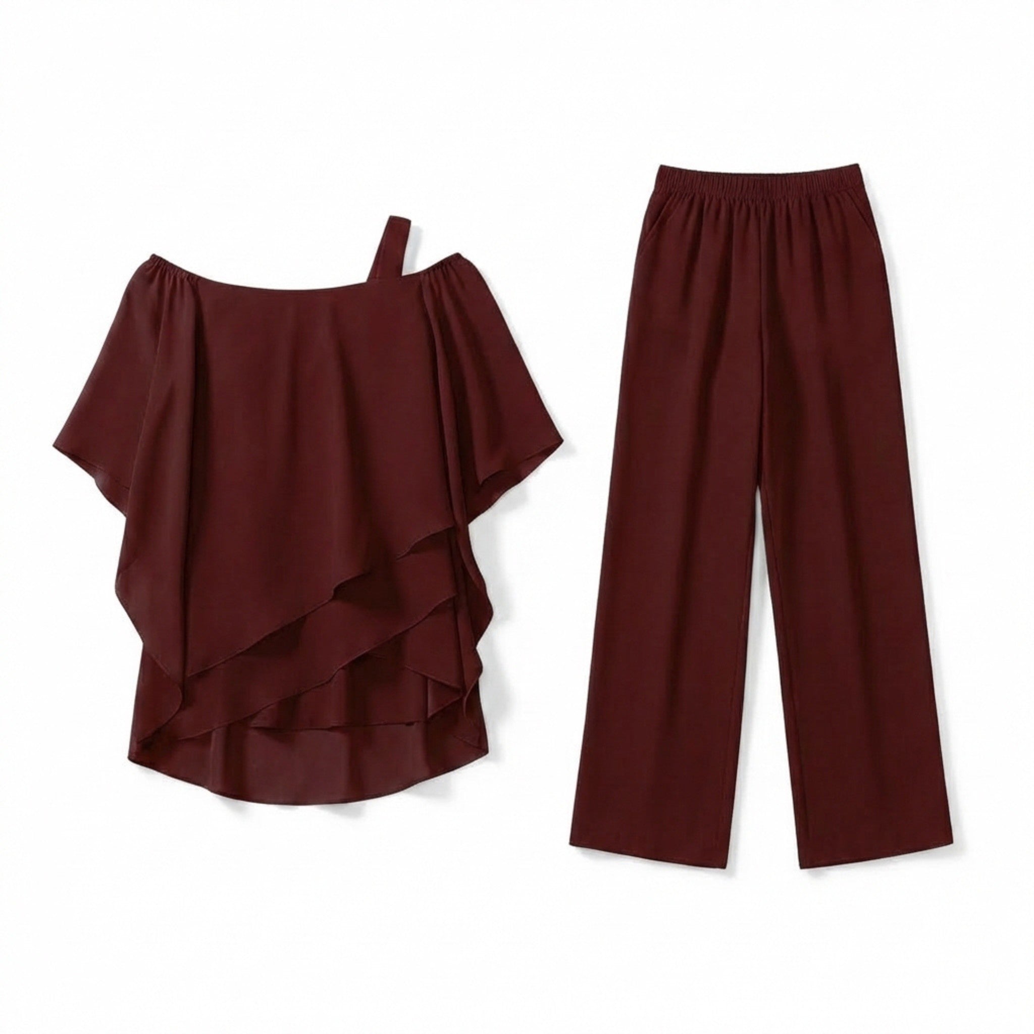 Women’s Off Shoulder Two Piece Set – Ruffle Top and Pants