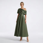 Women’s One Shoulder Midi Dress – A Line Satin