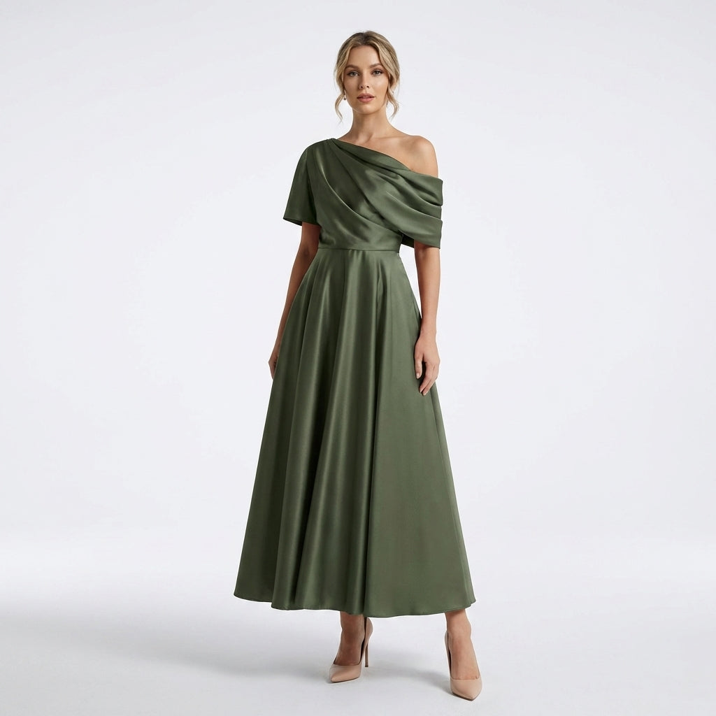 Women’s One Shoulder Midi Dress – A Line Satin