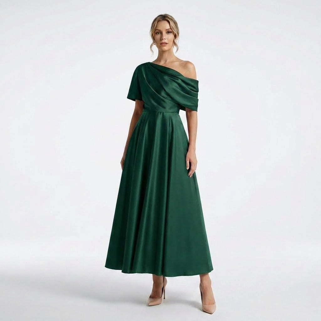 Women’s One Shoulder Midi Dress – A Line Satin