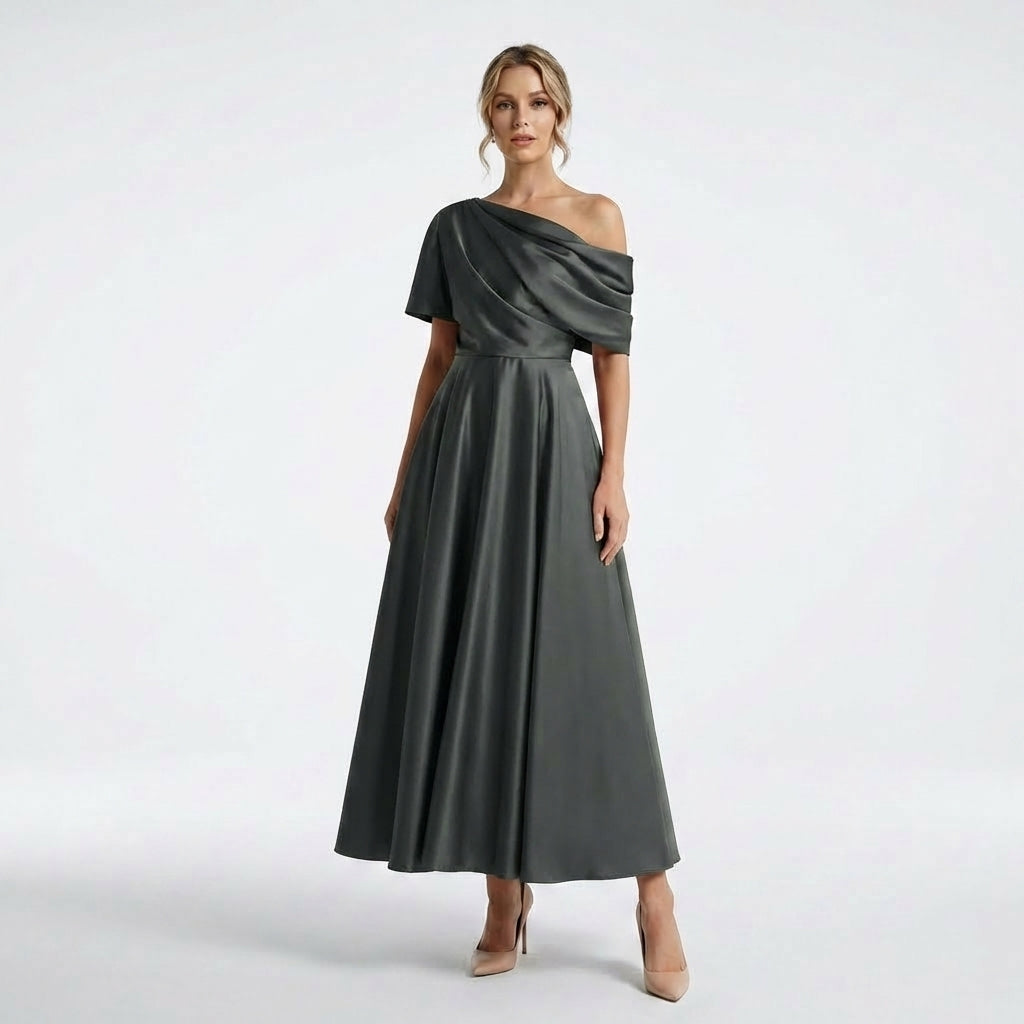 Women’s One Shoulder Midi Dress – A Line Satin