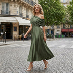 Women’s One Shoulder Midi Dress – A Line Satin