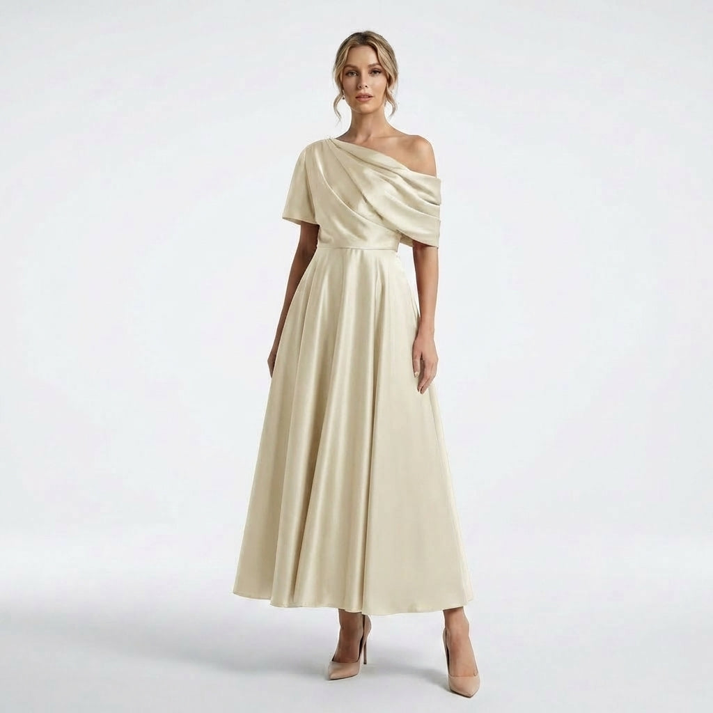 Women’s One Shoulder Midi Dress – A Line Satin