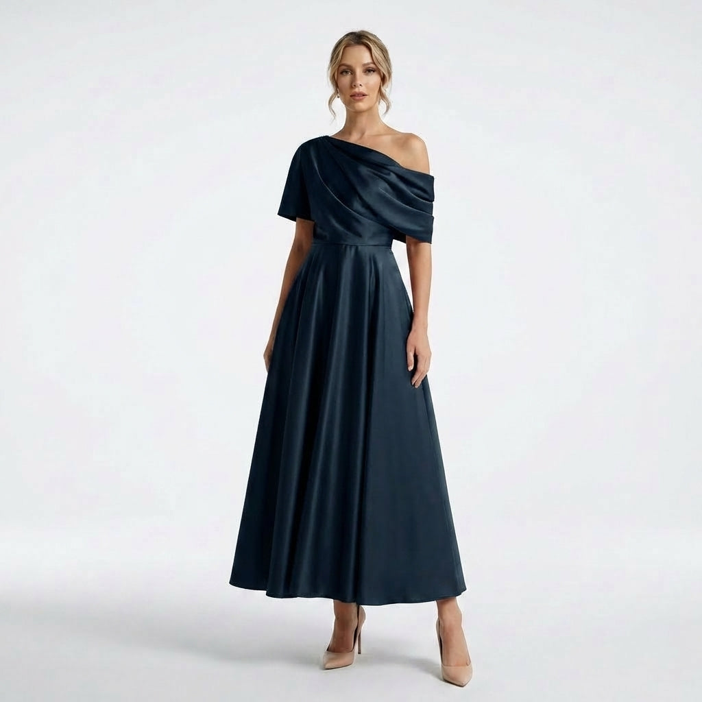 Women’s One Shoulder Midi Dress – A Line Satin