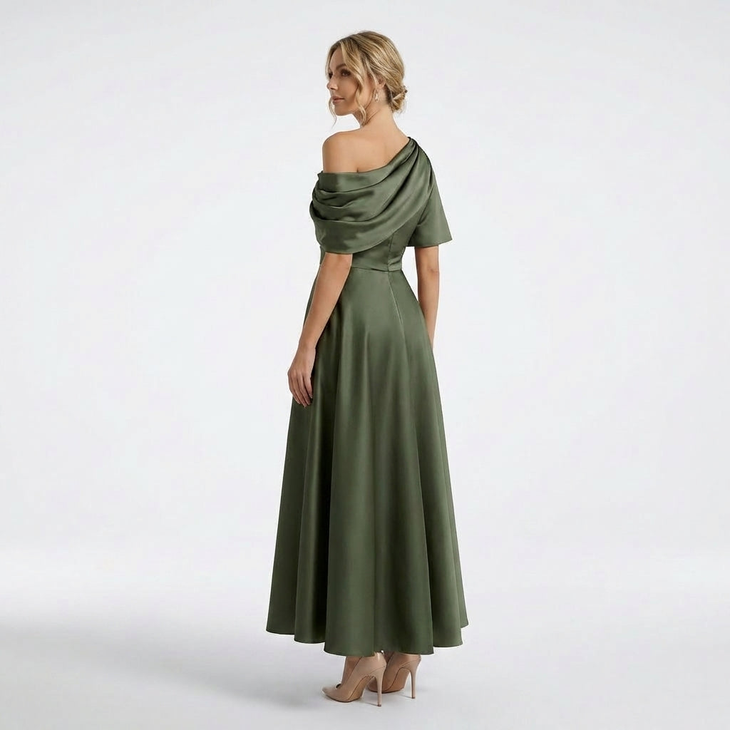 Women’s One Shoulder Midi Dress – A Line Satin