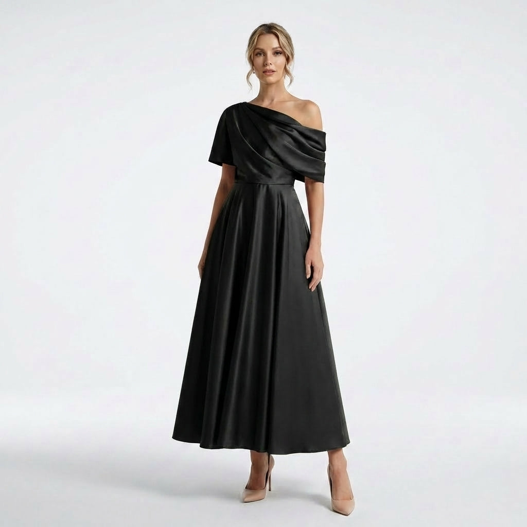 Women’s One Shoulder Midi Dress – A Line Satin