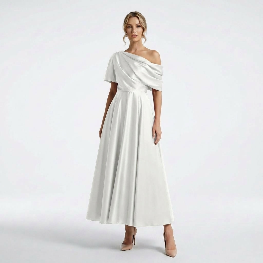 Women’s One Shoulder Midi Dress – A Line Satin