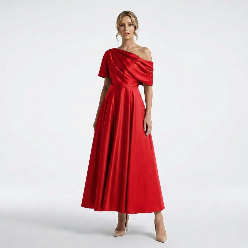 Women’s One Shoulder Midi Dress – A Line Satin