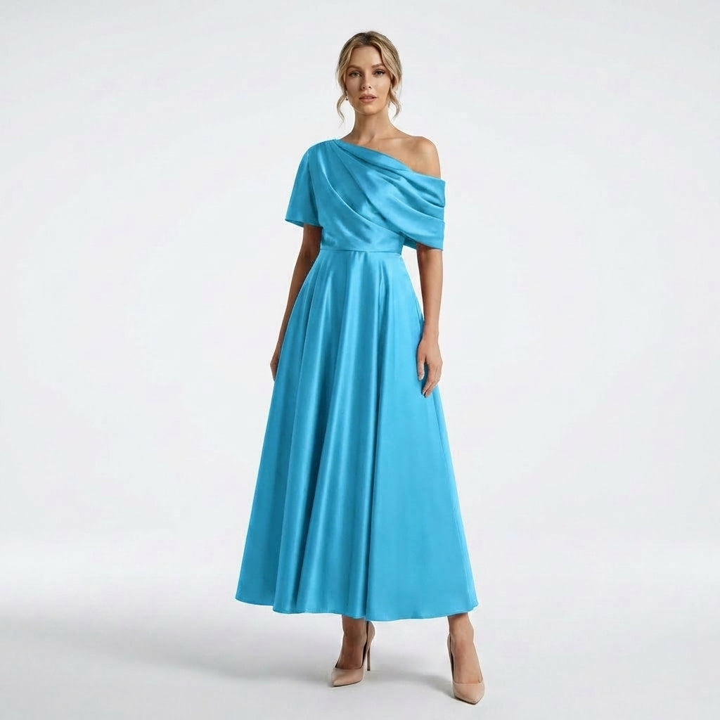 Women’s One Shoulder Midi Dress – A Line Satin