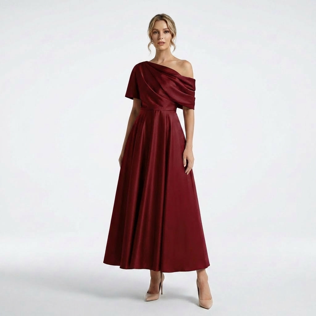 Women’s One Shoulder Midi Dress – A Line Satin