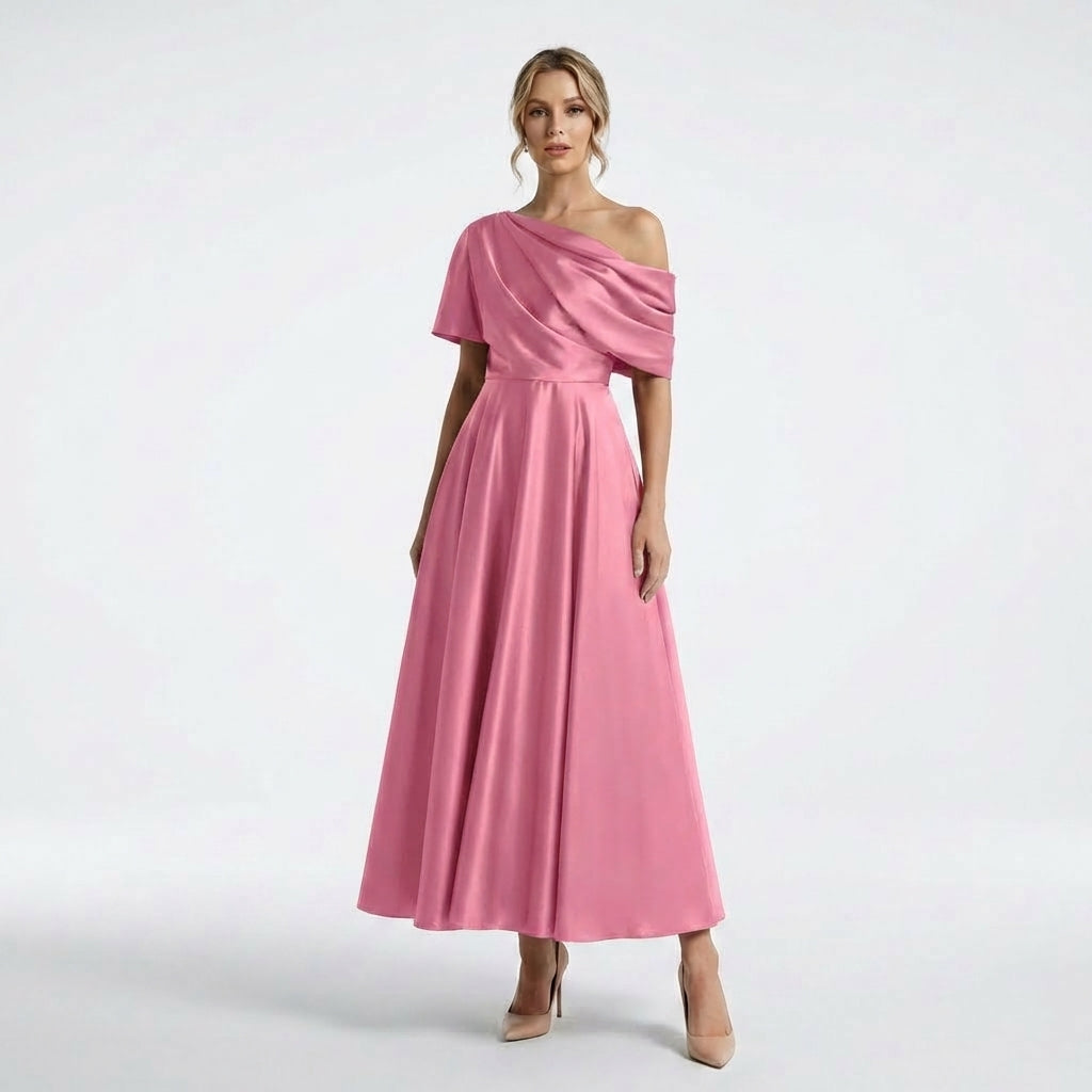 Women’s One Shoulder Midi Dress – A Line Satin