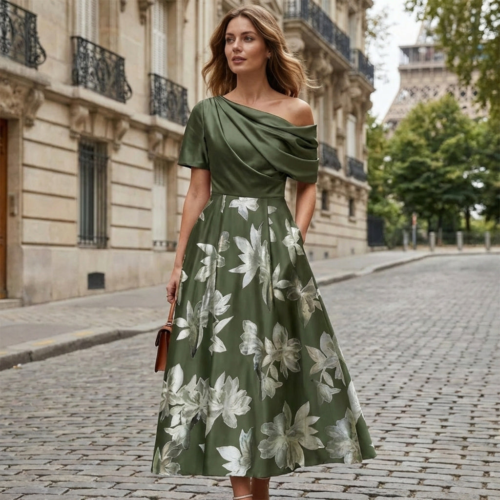 Women’s One Shoulder Midi Dress – A Line Floral Satin