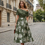 Women’s One Shoulder Midi Dress – A Line Floral Satin