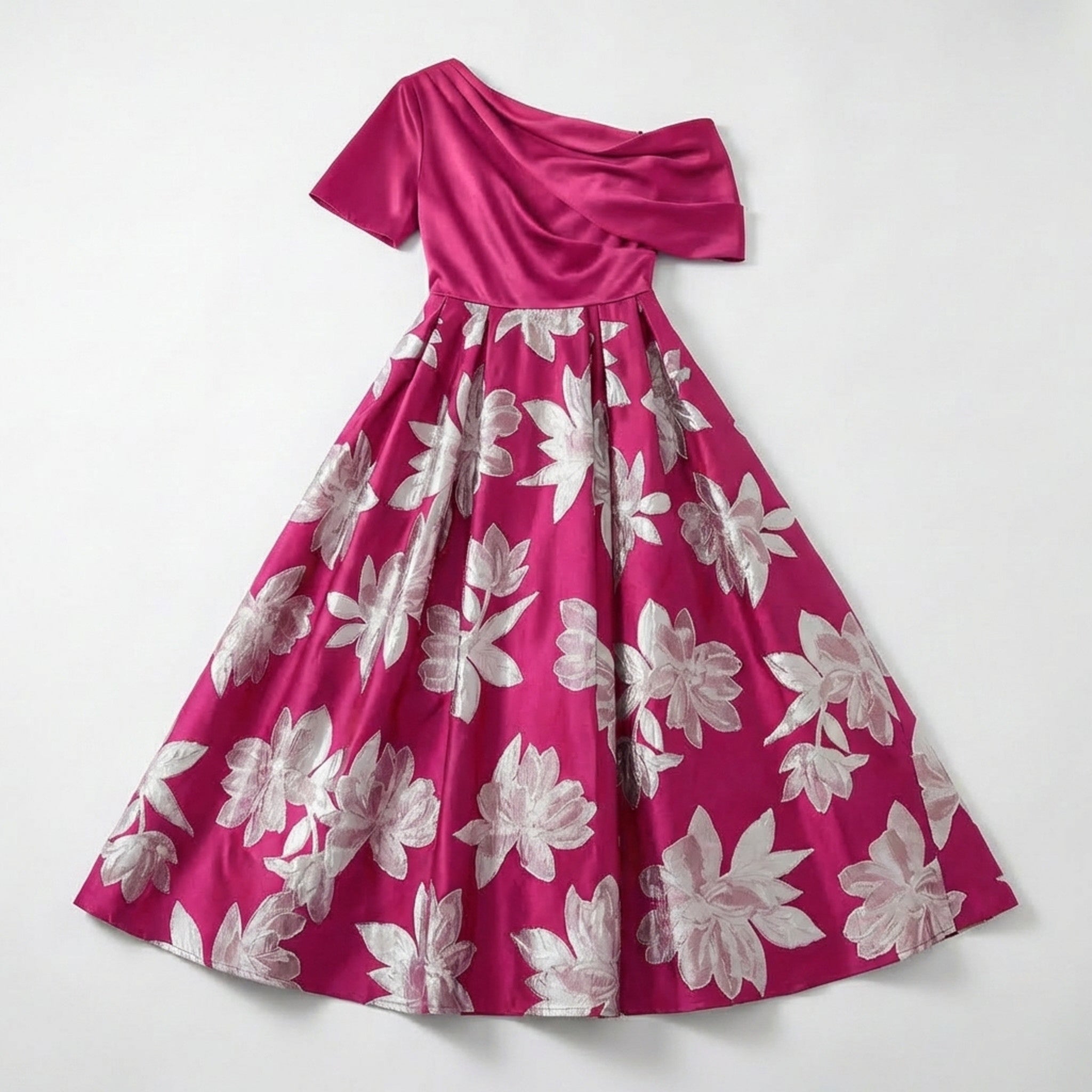 Women’s One Shoulder Midi Dress – A Line Floral Satin