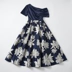 Women’s One Shoulder Midi Dress – A Line Floral Satin