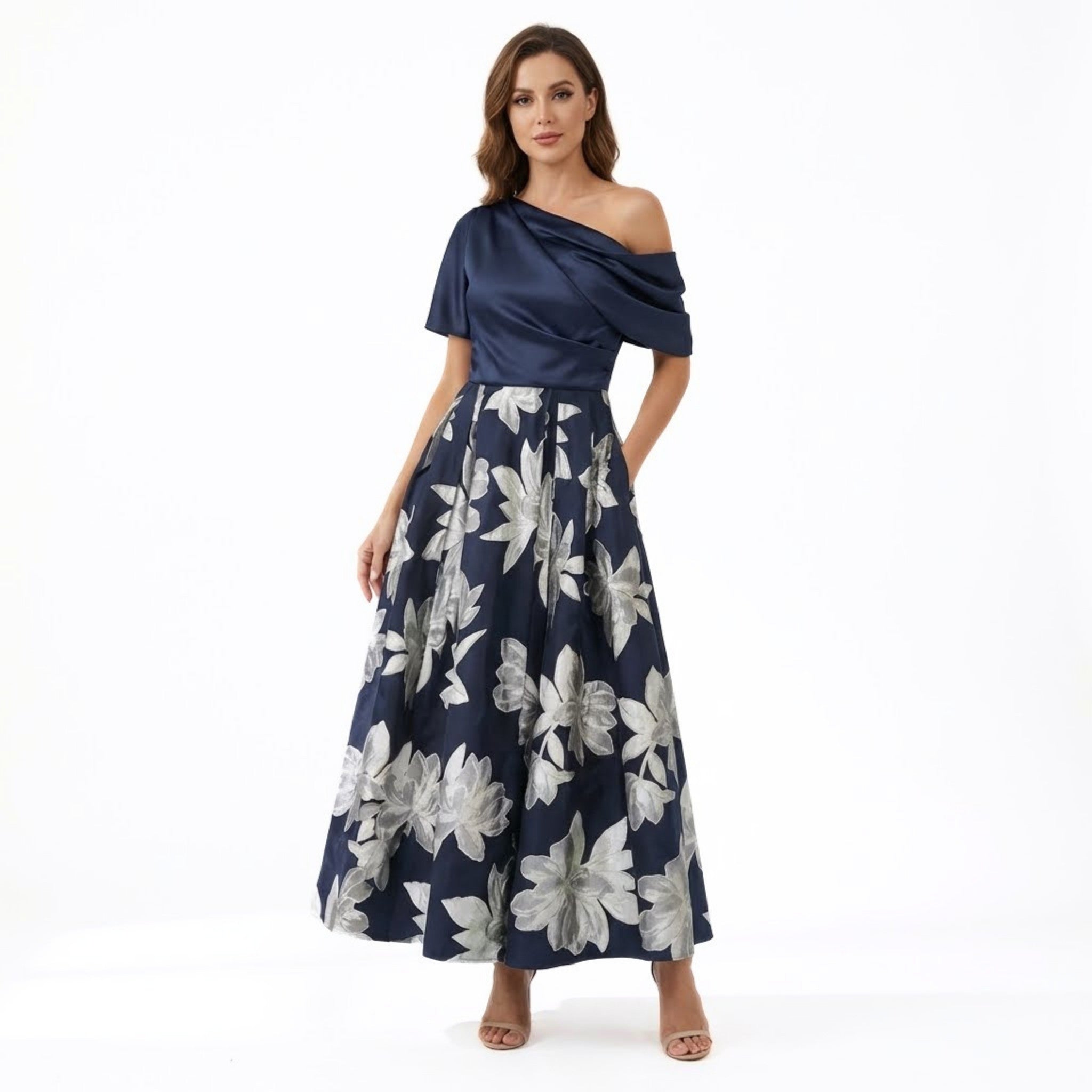 Women’s One Shoulder Midi Dress – A Line Floral Satin