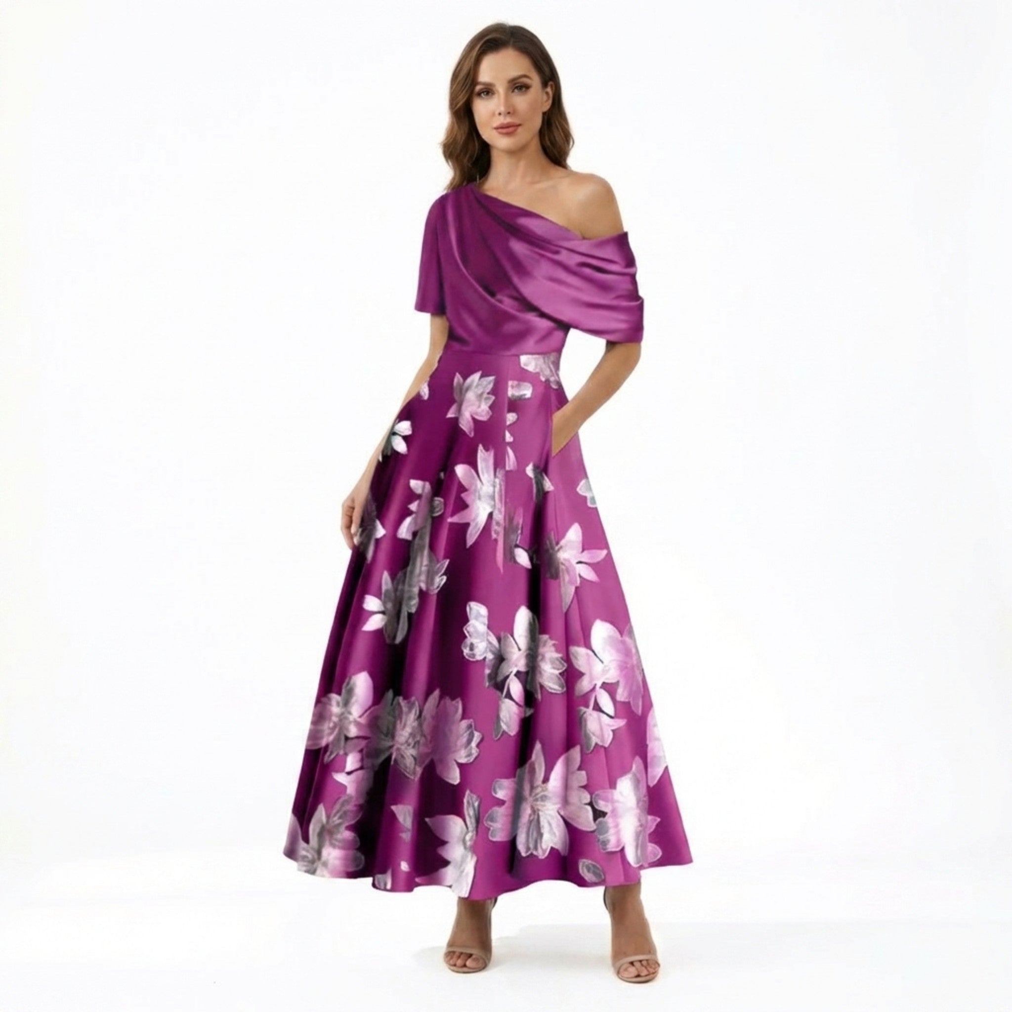 Women’s One Shoulder Midi Dress – A Line Floral Satin