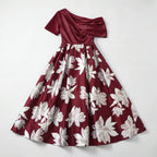 Women’s One Shoulder Midi Dress – A Line Floral Satin