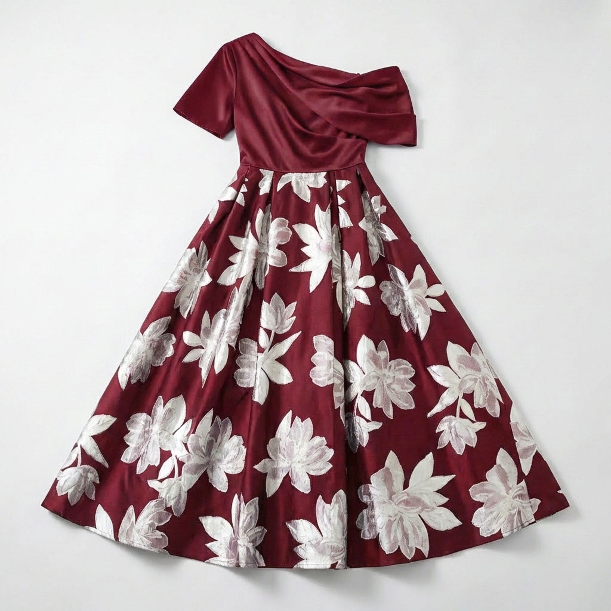 Women’s One Shoulder Midi Dress – A Line Floral Satin