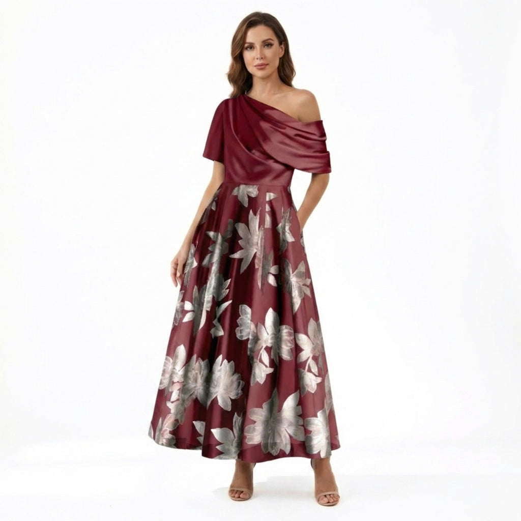 Women’s One Shoulder Midi Dress – A Line Floral Satin