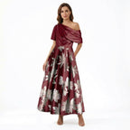 Women’s One Shoulder Midi Dress – A Line Floral Satin