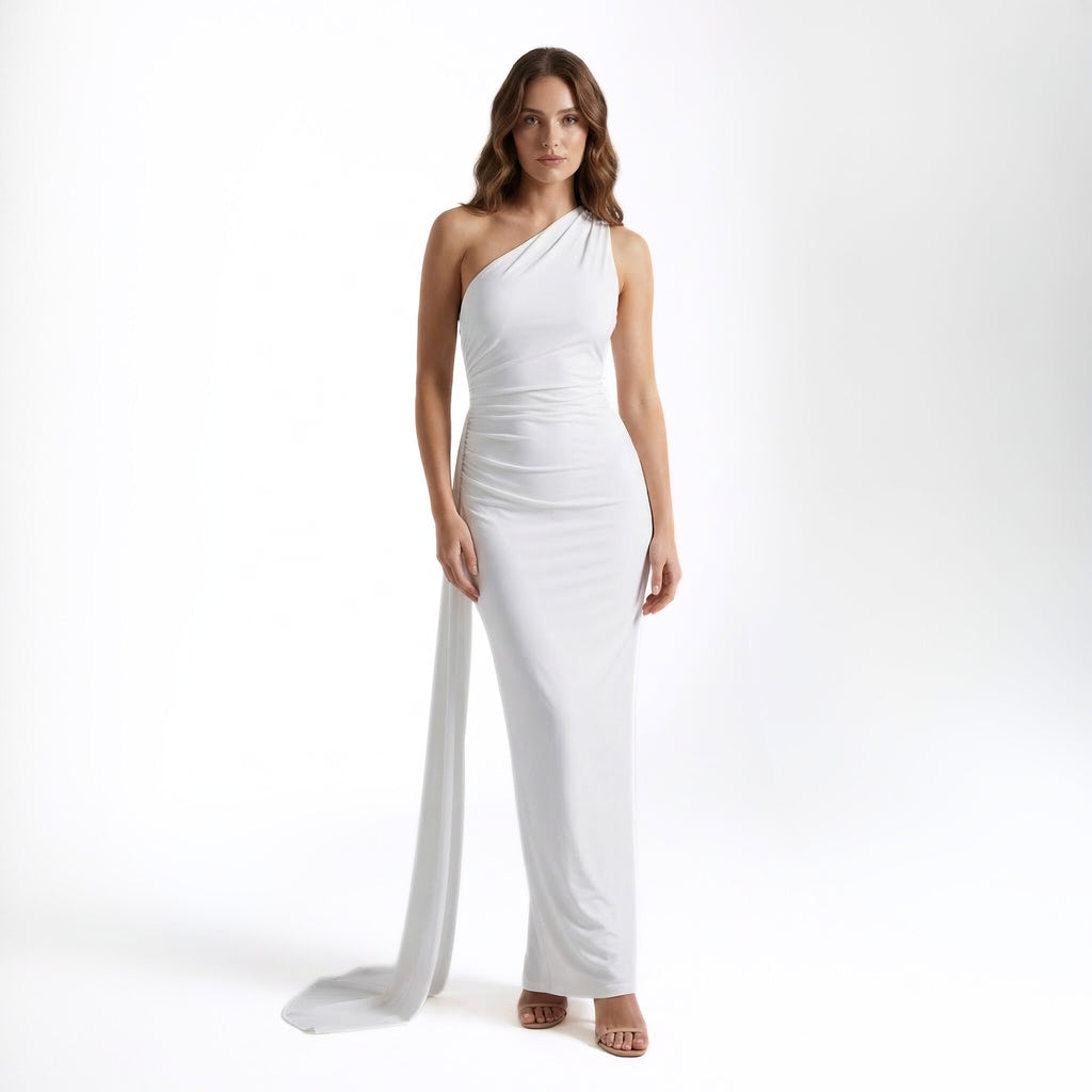 Women’s One Shoulder Backless Maxi Dress – Ruffle Detail Design