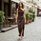 Women’s One Shoulder Maxi Dress – Draped Waist Sleeveless