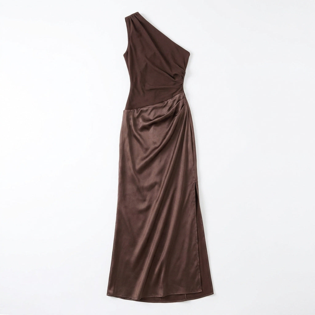 Women’s One Shoulder Maxi Dress – Draped Waist Sleeveless