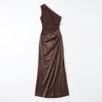 Women’s One Shoulder Maxi Dress – Draped Waist Sleeveless