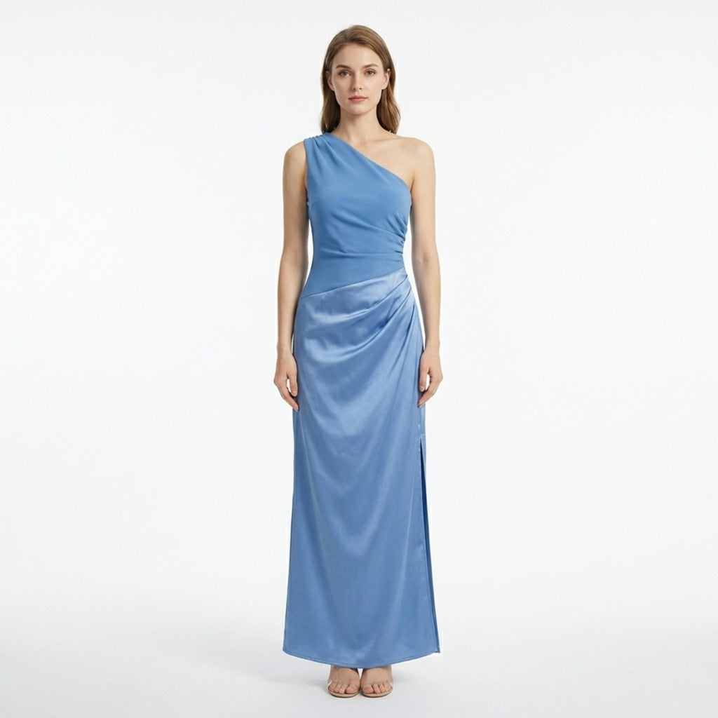 Women’s One Shoulder Maxi Dress – Draped Waist Sleeveless