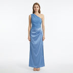 Women’s One Shoulder Maxi Dress – Draped Waist Sleeveless