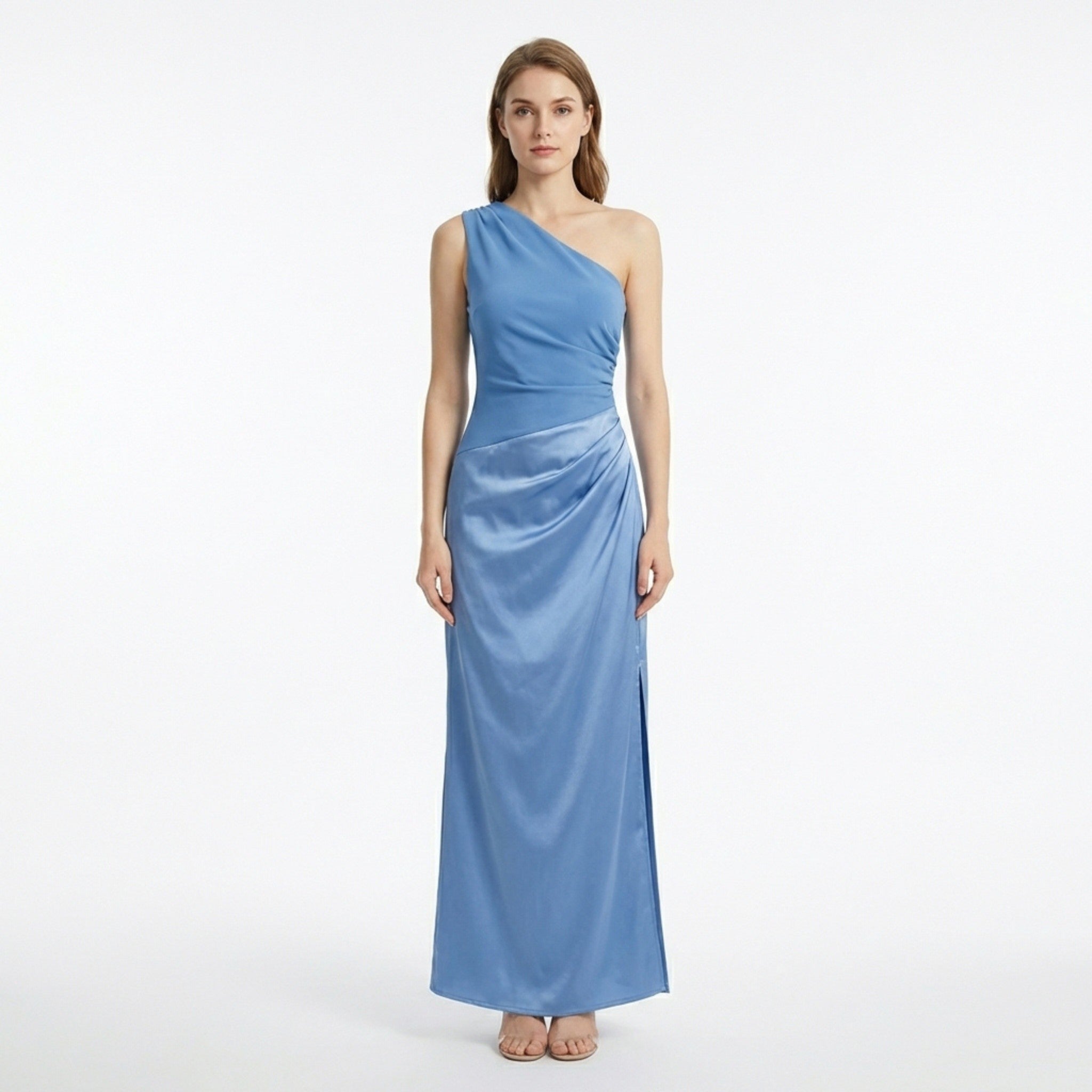 Women’s One Shoulder Maxi Dress – Draped Waist Sleeveless