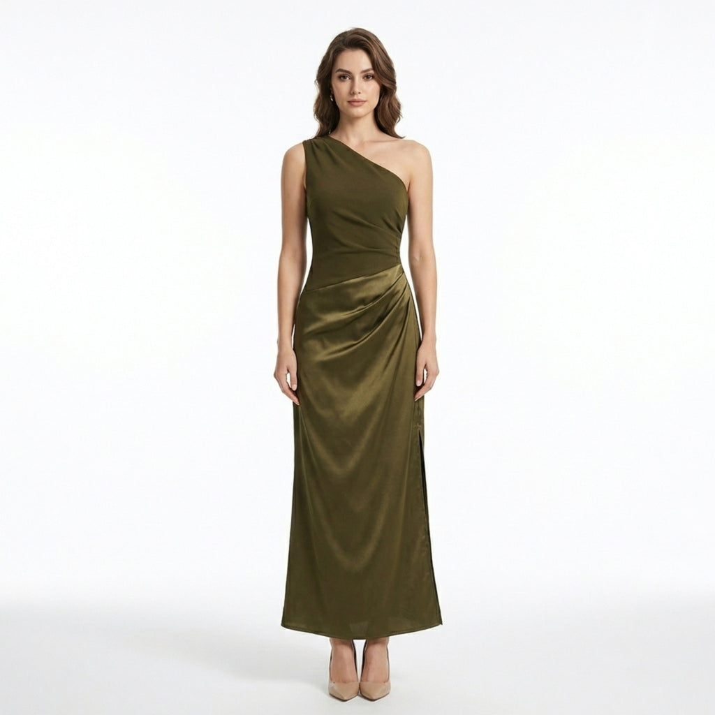 Women’s One Shoulder Maxi Dress – Draped Waist Sleeveless