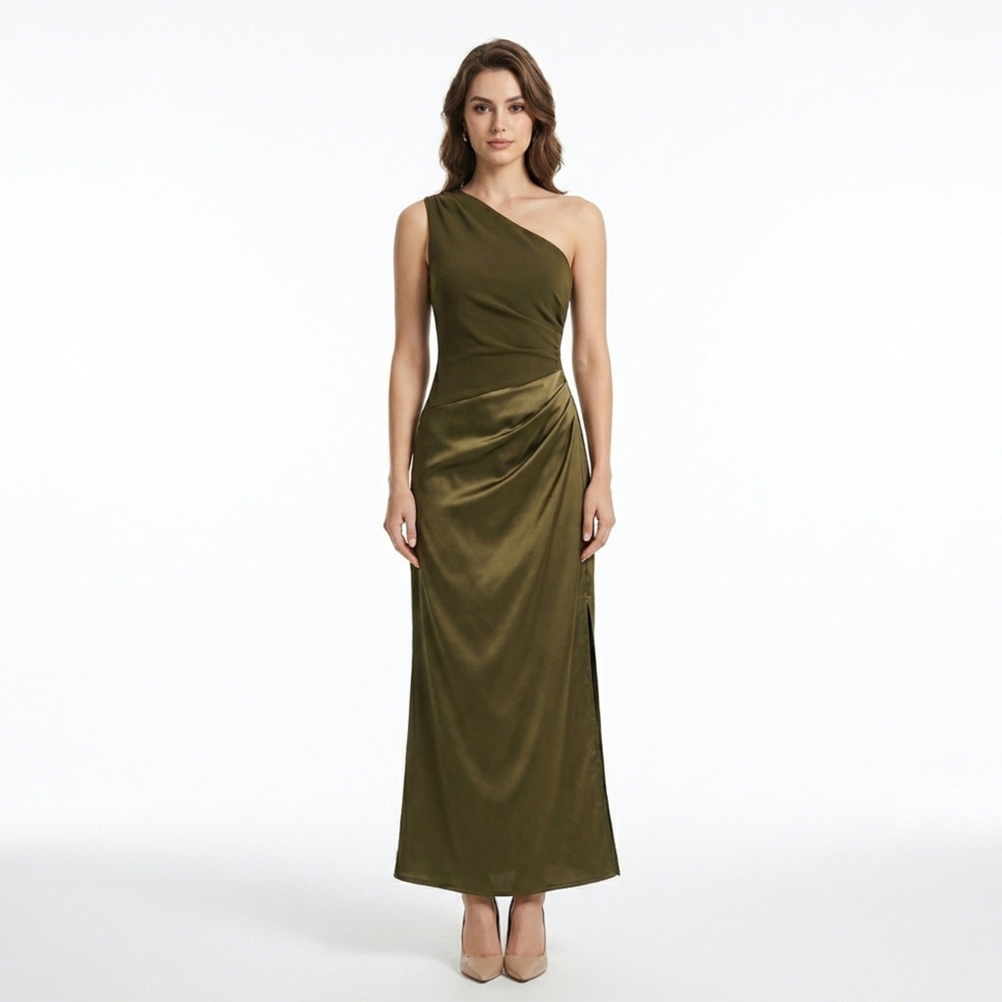 Women’s One Shoulder Maxi Dress – Draped Waist Sleeveless